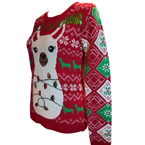 Fa La La Llama Ugly Christmas Sweater, Sequin Lights Red Green, Size Small - Picture 3 of 6
